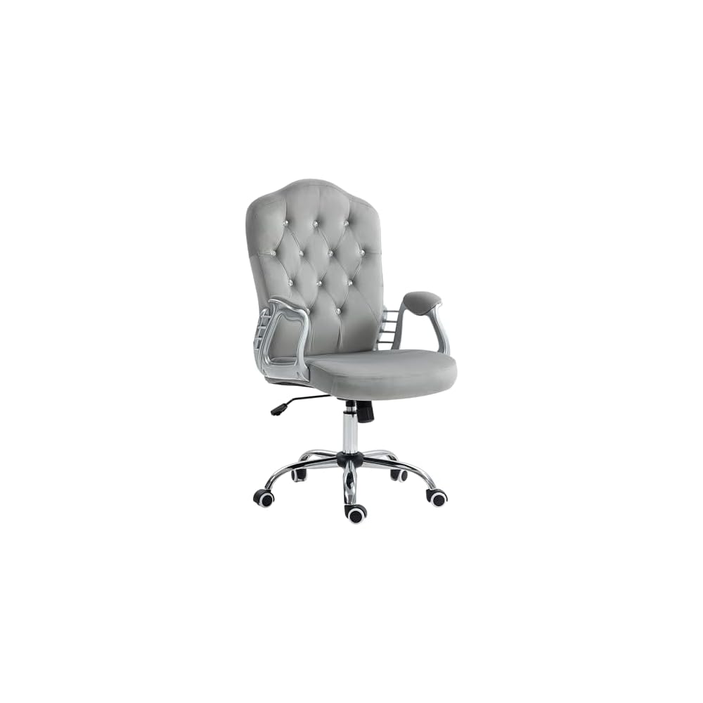 Velvet Computer Chair, Button Tufted Desk Chair with Swivel Wheels, Adjustable Height, and Tilt Function, Light Gray