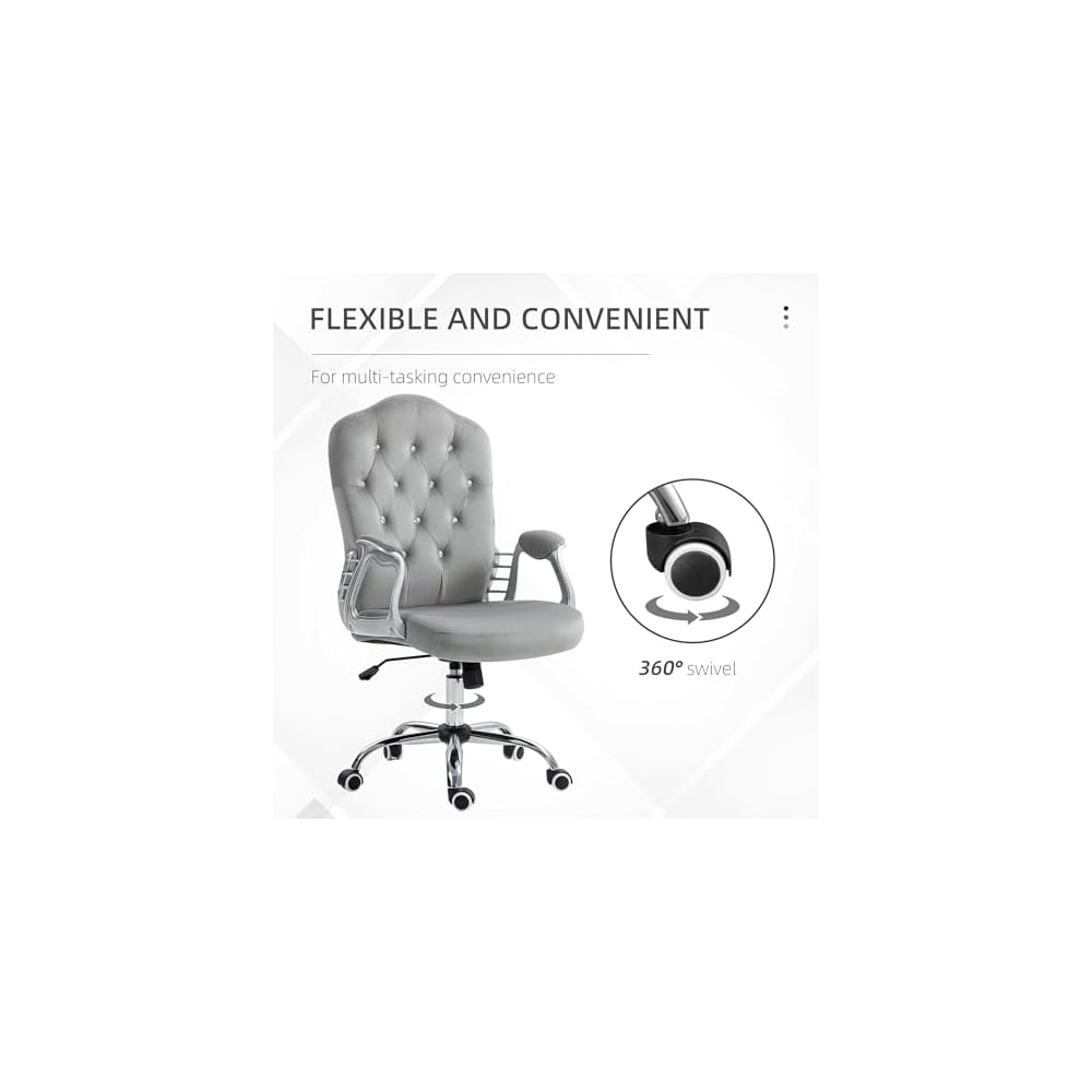 Velvet Computer Chair, Button Tufted Desk Chair with Swivel Wheels, Adjustable Height, and Tilt Function, Light Gray