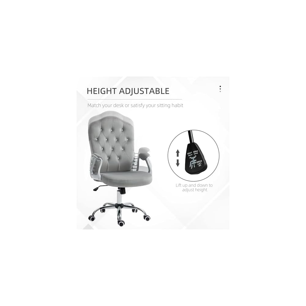Velvet Computer Chair, Button Tufted Desk Chair with Swivel Wheels, Adjustable Height, and Tilt Function, Light Gray