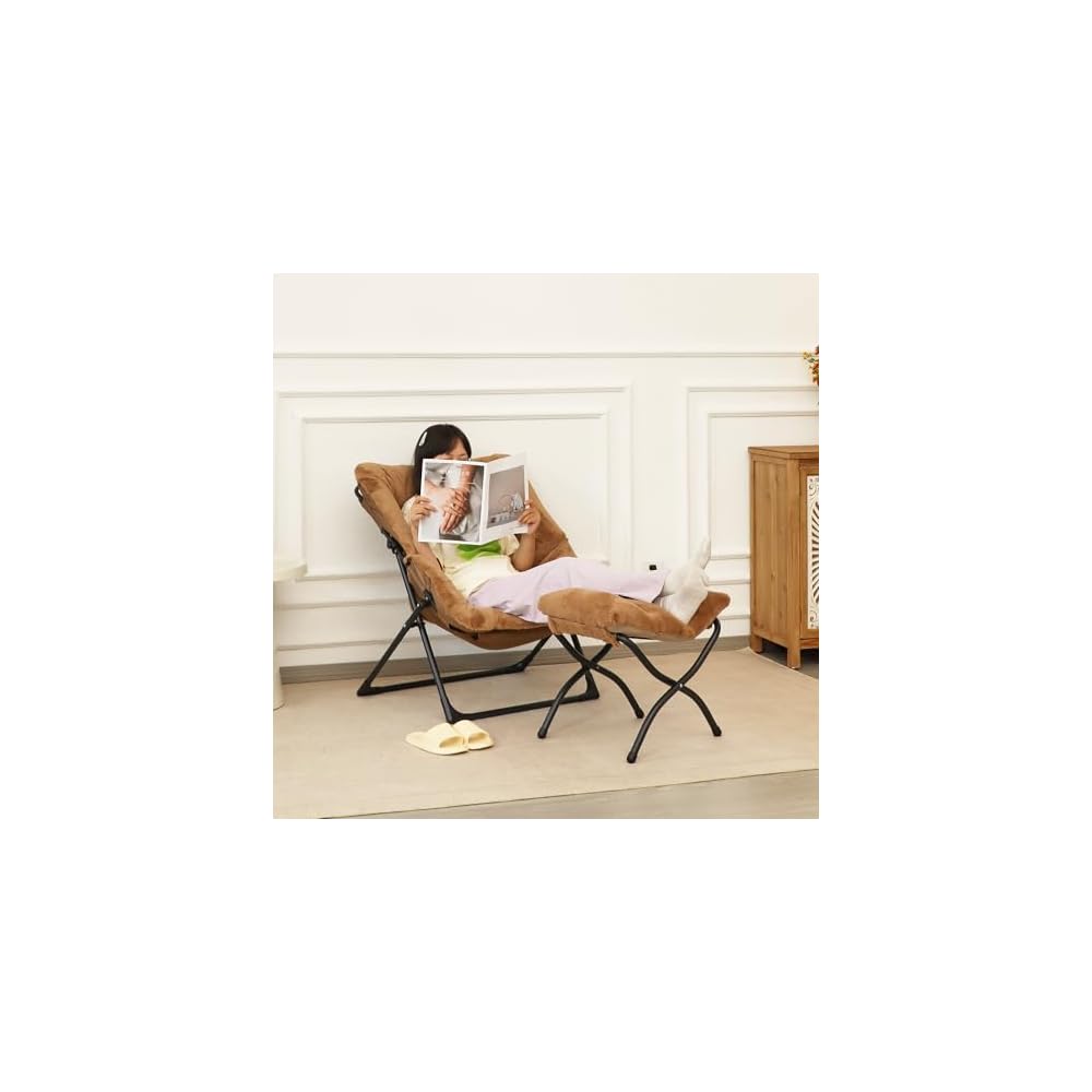 Comfy Saucer Chair for Adults, Soft Faux Fur Bedroom Chair, Accent Dorm Chairs, Flexible Living Room Reading Chairs, Oversized Folding Seat for Teens, X-Large, Brown