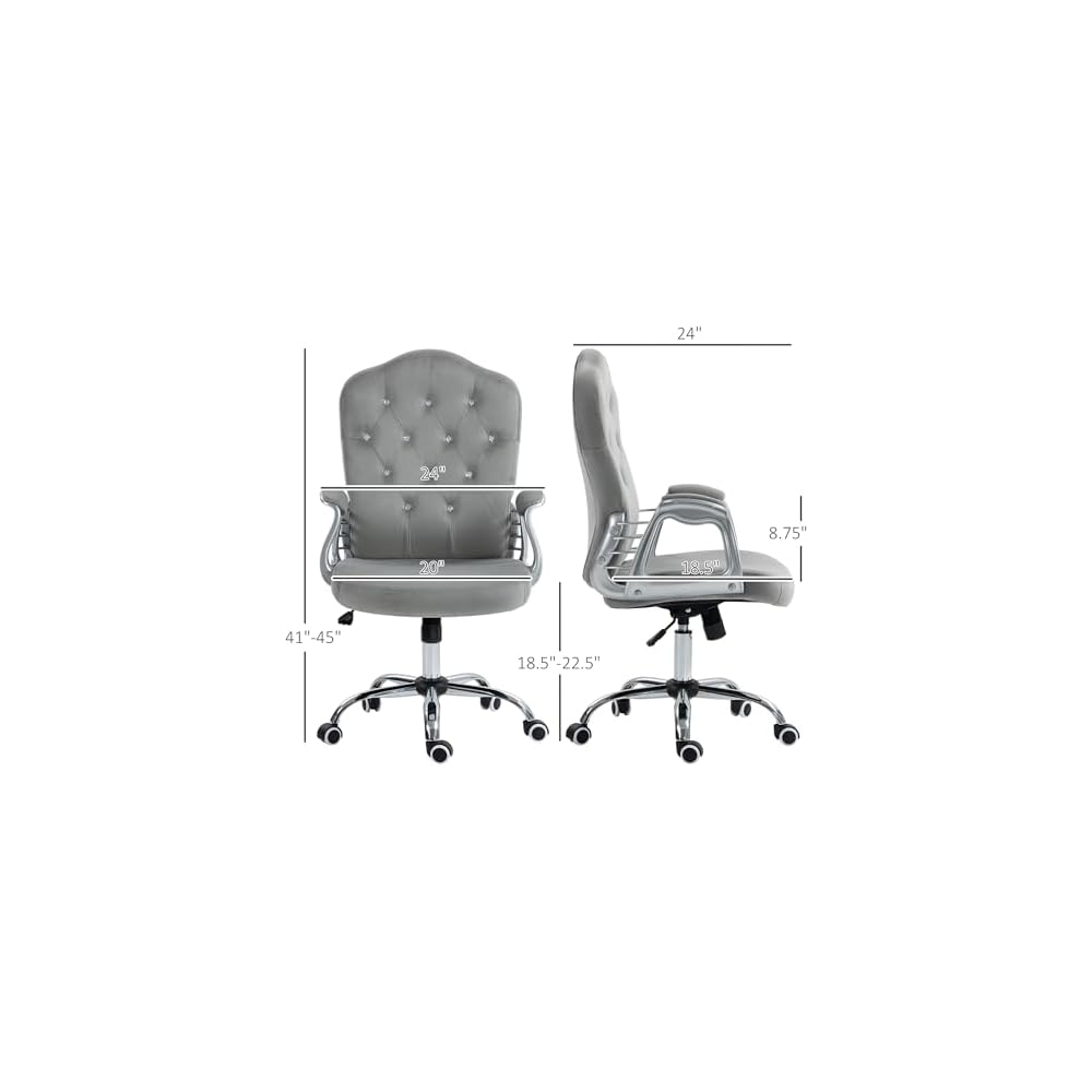 Velvet Computer Chair, Button Tufted Desk Chair with Swivel Wheels, Adjustable Height, and Tilt Function, Light Gray