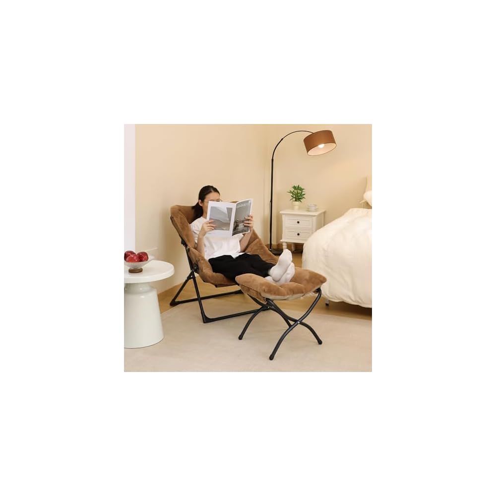 Comfy Saucer Chair for Adults, Soft Faux Fur Bedroom Chair, Accent Dorm Chairs, Flexible Living Room Reading Chairs, Oversized Folding Seat for Teens, X-Large, Brown
