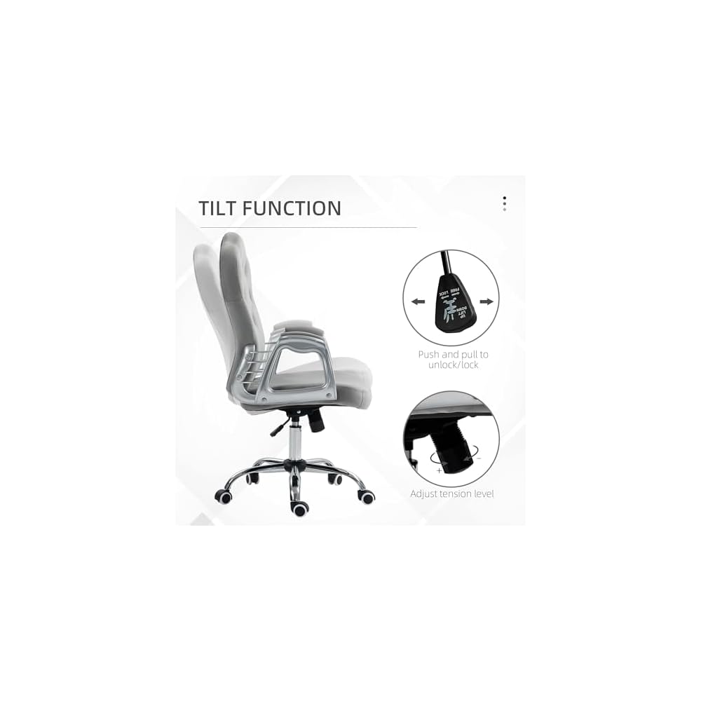 Velvet Computer Chair, Button Tufted Desk Chair with Swivel Wheels, Adjustable Height, and Tilt Function, Light Gray