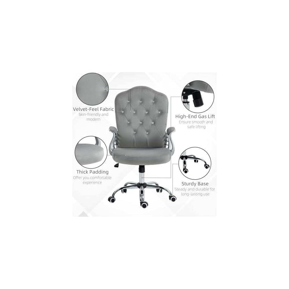 Velvet Computer Chair, Button Tufted Desk Chair with Swivel Wheels, Adjustable Height, and Tilt Function, Light Gray