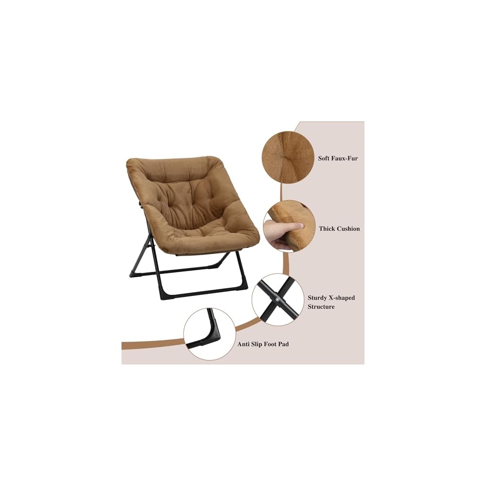 Comfy Saucer Chair for Adults, Soft Faux Fur Bedroom Chair, Accent Dorm Chairs, Flexible Living Room Reading Chairs, Oversized Folding Seat for Teens, X-Large, Brown