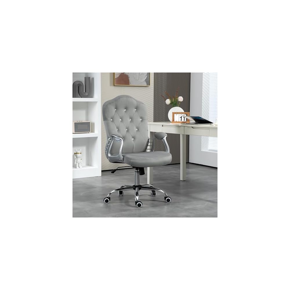 Velvet Computer Chair, Button Tufted Desk Chair with Swivel Wheels, Adjustable Height, and Tilt Function, Light Gray