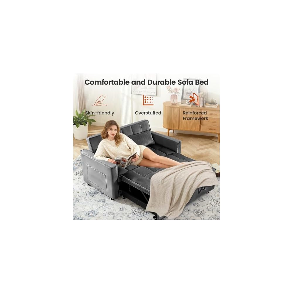 Pull Out Couch, Loveseat Sleeper Sofa Bed with Side Pockets, 3 in 1 Velvet Fabric Convertible Sofa Bed with Adjustable Backrest for Living Room, Bedroom, Apartment, Gray