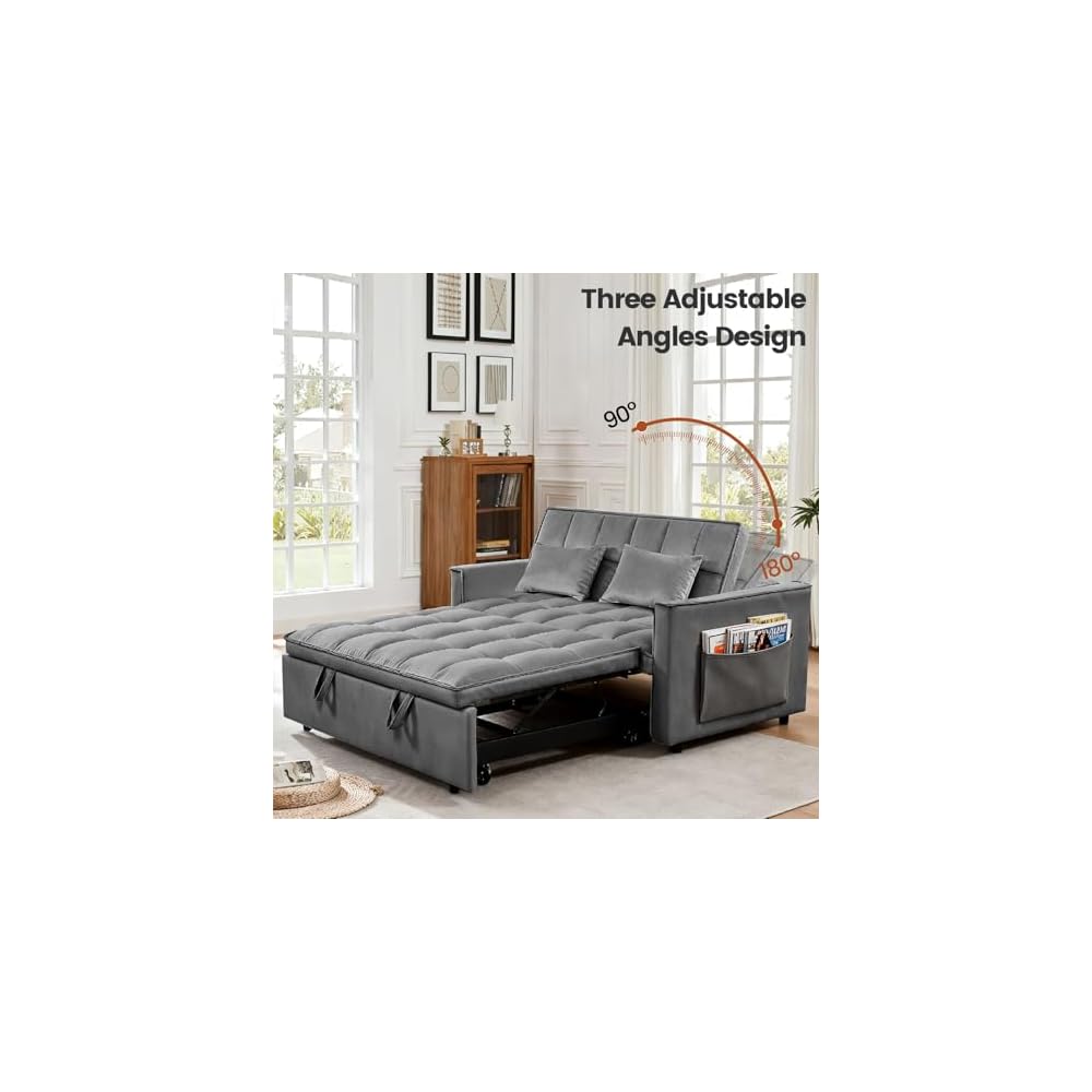 Pull Out Couch, Loveseat Sleeper Sofa Bed with Side Pockets, 3 in 1 Velvet Fabric Convertible Sofa Bed with Adjustable Backrest for Living Room, Bedroom, Apartment, Gray