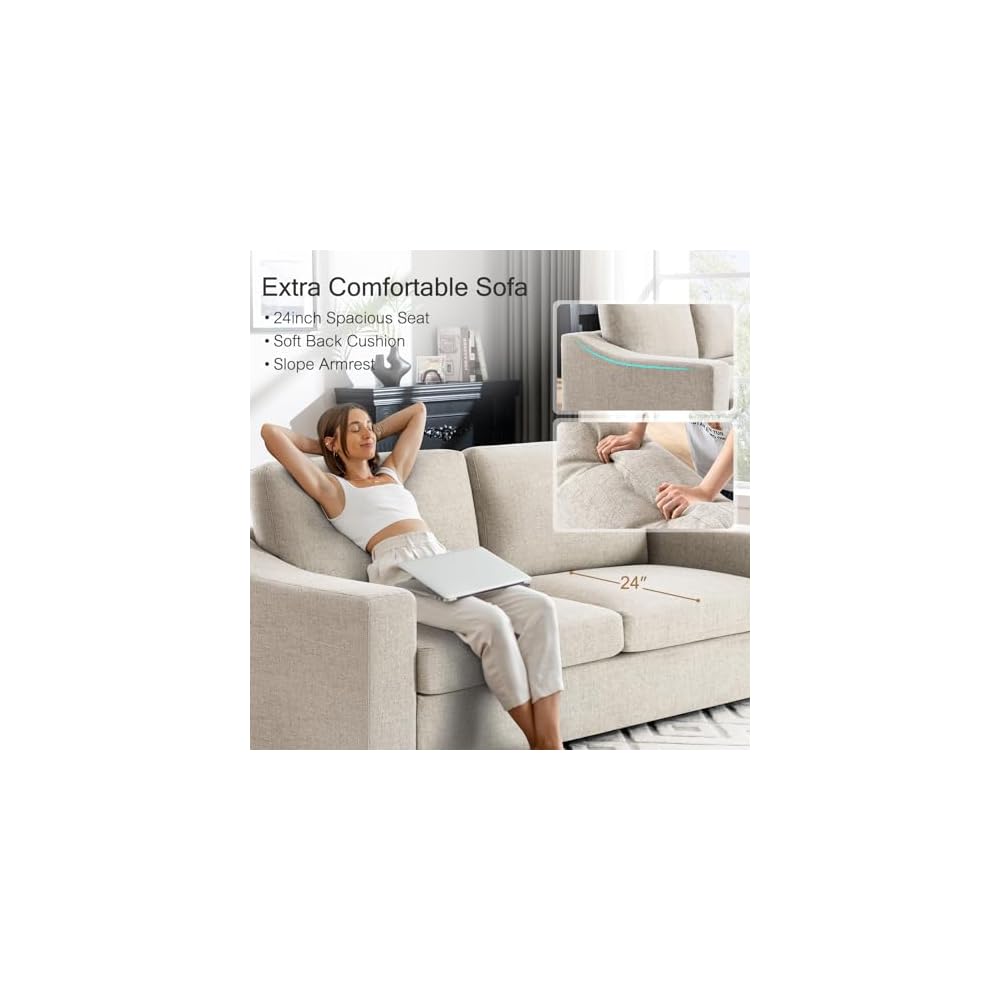 ELUCHANG Oversized 85" Deep Seat Sofa, Modern Couches for Living Room, 3 Seater Natural Linen Sofa, Upholstered Cushion & Detachable Cover, Comfy Sofa Couch for Apartment, Oatmeal