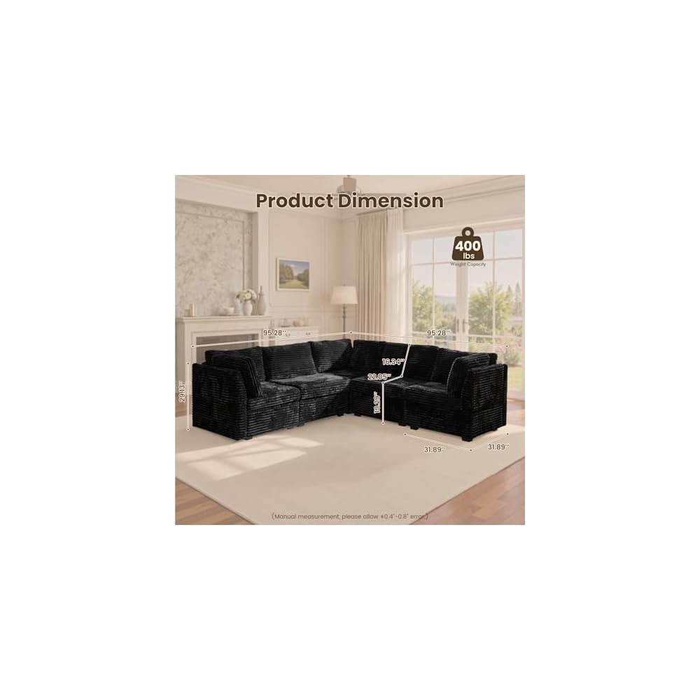 95" V Shape Cloud Sectional Couch, Deep Seat Modular Sofa, Black