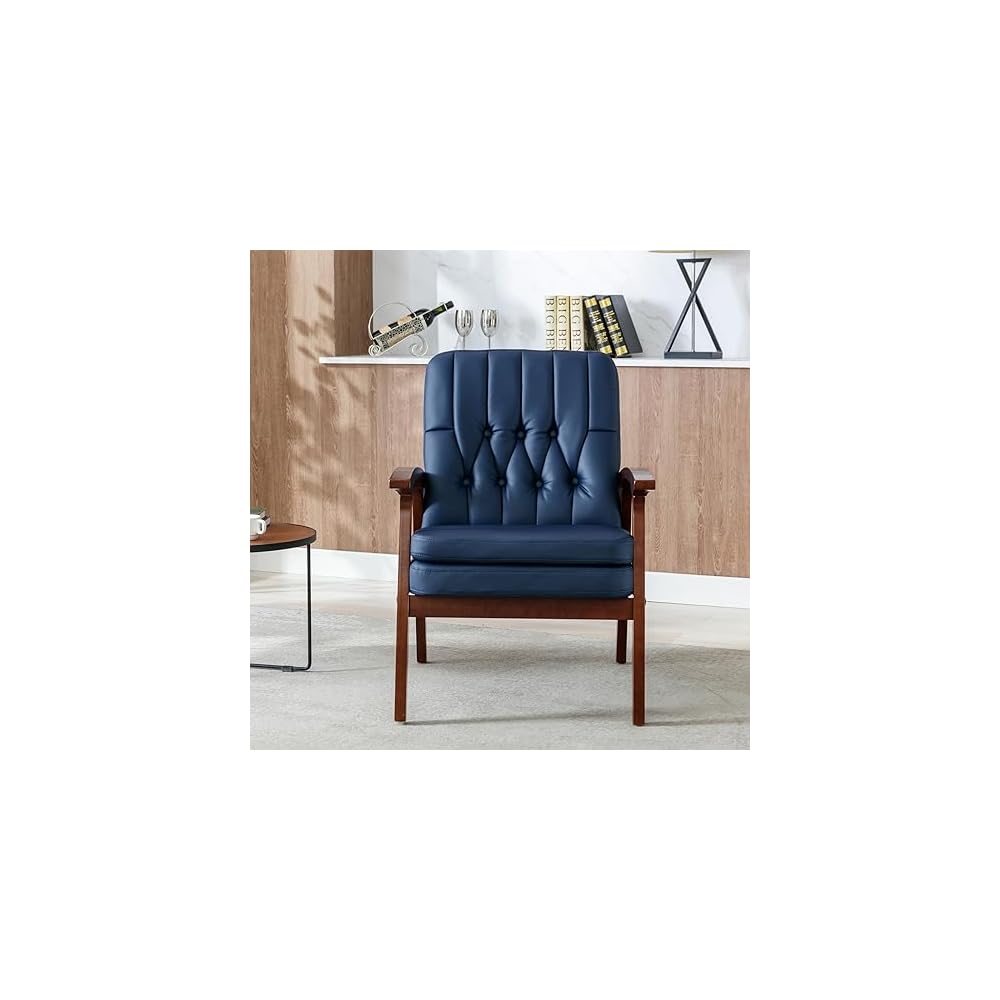 PU Accent Chair Arm Chairs Mid Century Modern Living Room Reading Chair Upholstered Sofa Chair Lounge Chair with Solid Wood Armrest Compatible with Bedroom,Weight Capaci