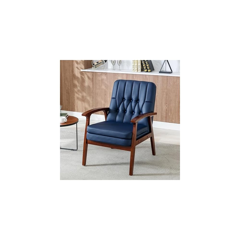 PU Accent Chair Arm Chairs Mid Century Modern Living Room Reading Chair Upholstered Sofa Chair Lounge Chair with Solid Wood Armrest Compatible with Bedroom,Weight Capaci