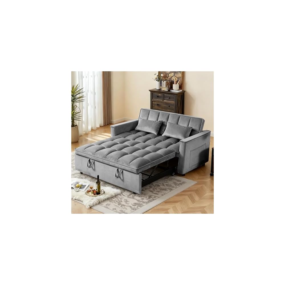 Pull Out Couch, Loveseat Sleeper Sofa Bed with Side Pockets, 3 in 1 Velvet Fabric Convertible Sofa Bed with Adjustable Backrest for Living Room, Bedroom, Apartment, Gray