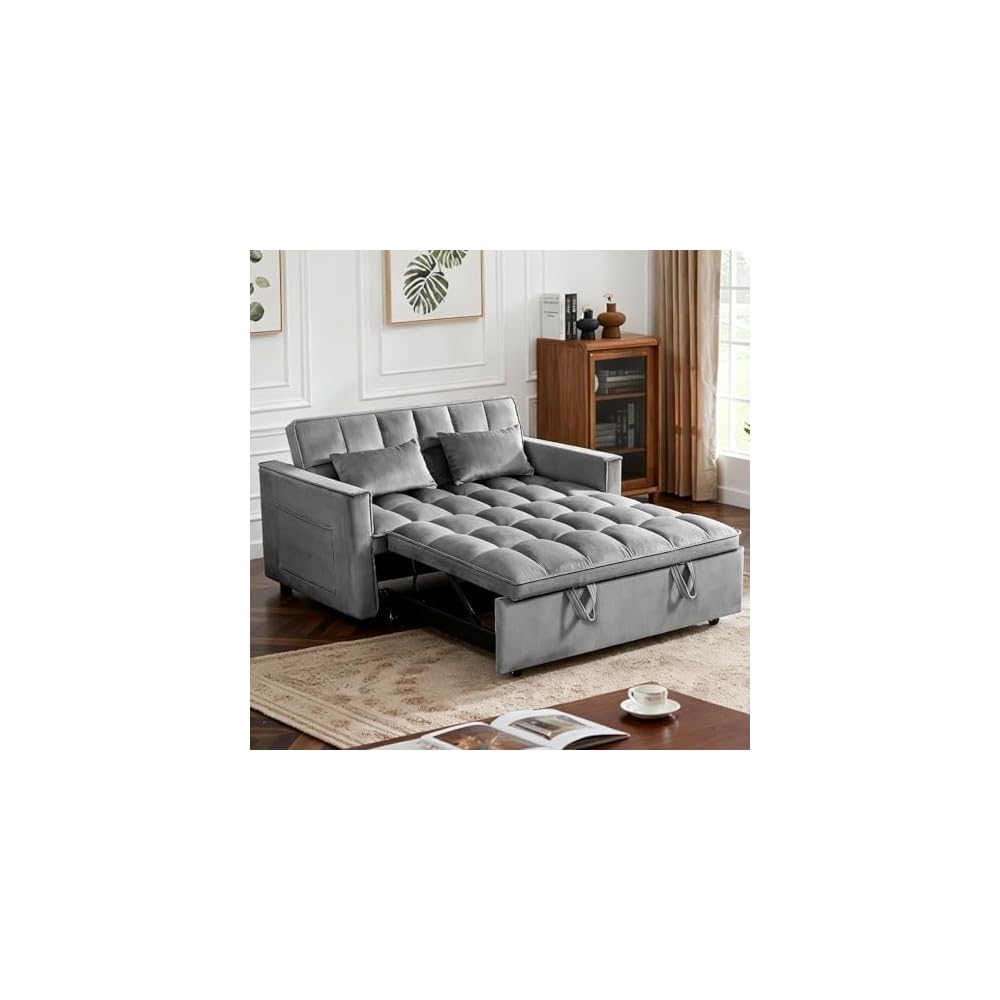 Pull Out Couch, Loveseat Sleeper Sofa Bed with Side Pockets, 3 in 1 Velvet Fabric Convertible Sofa Bed with Adjustable Backrest for Living Room, Bedroom, Apartment, Gray