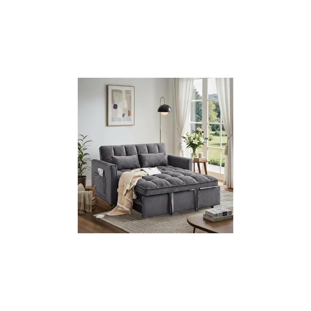 Pull Out Couch, Loveseat Sleeper Sofa Bed with Side Pockets, 3 in 1 Velvet Fabric Convertible Sofa Bed with Adjustable Backrest for Living Room, Bedroom, Apartment, Gray