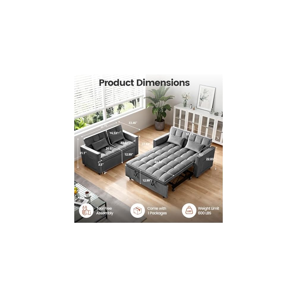 Pull Out Couch, Loveseat Sleeper Sofa Bed with Side Pockets, 3 in 1 Velvet Fabric Convertible Sofa Bed with Adjustable Backrest for Living Room, Bedroom, Apartment, Gray