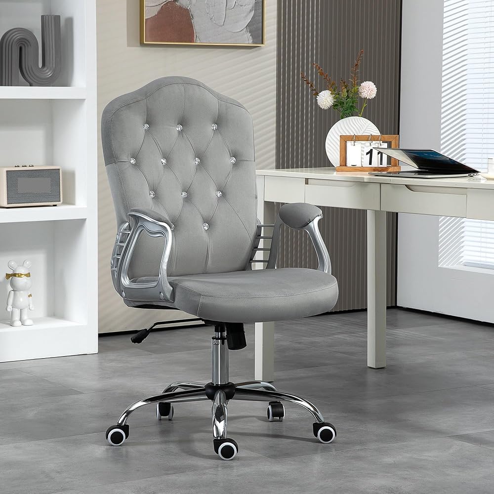 Velvet Computer Chair, Button Tufted Desk Chair with Swivel Wheels, Adjustable Height, and Tilt Function, Light Gray