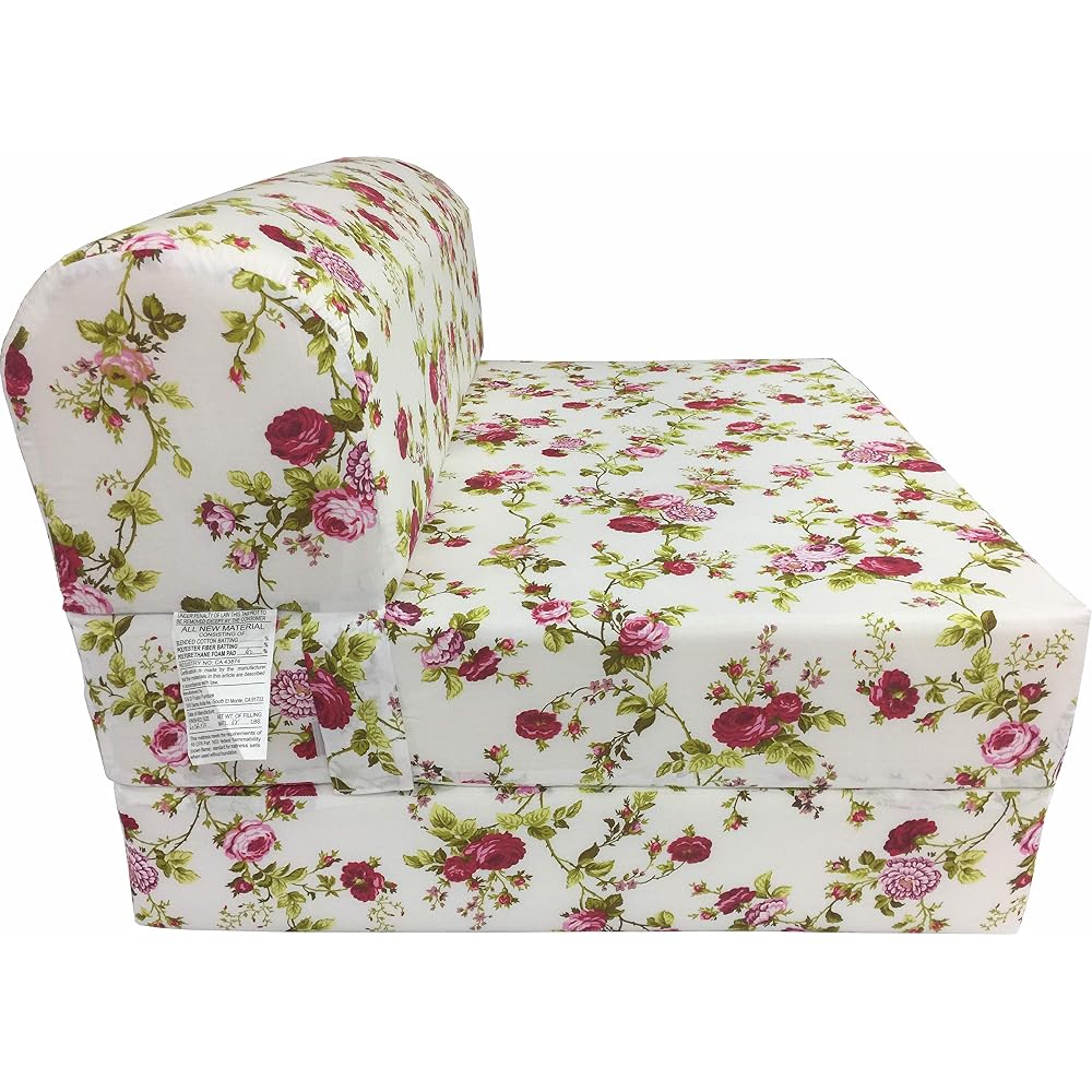 D&D Futon Furniture Sleeper Chair Folding Foam Beds, Portable Studio Guest Sofa Bed 6 x 32 x 70 Red Roses White