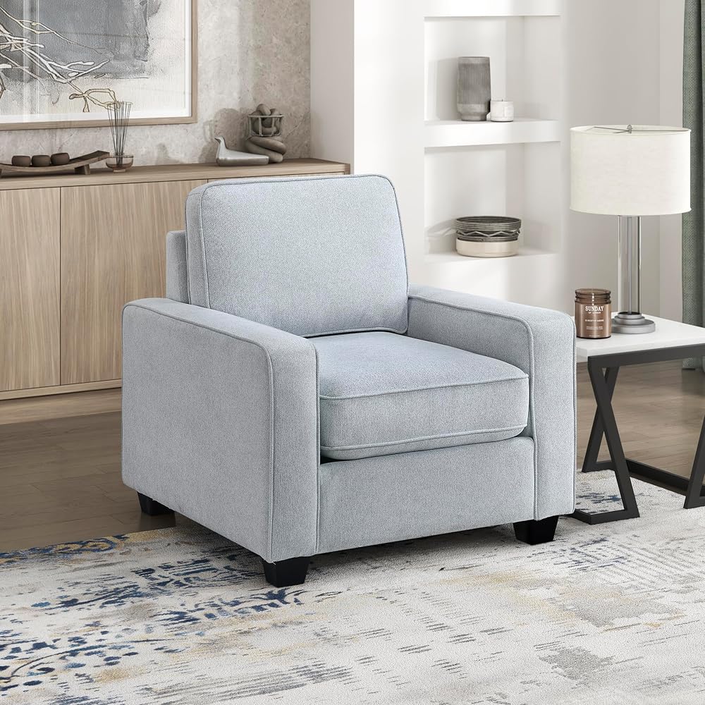 Lexicon Accent Chair, Textured Fabric Upholstered Armchair, Single Sofa Chair, Reversible Cushion, Track Arms, Comfy Chairs for Living Room/Bedroom/Office/Waiting Room, Gray
